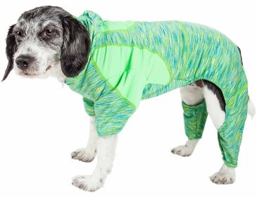 Pet Life Active 'Downward Dog' Heathered Performance 4-Way Stretch Two-Toned Full Body Warm Up Hoodie (Color: Green, size: X-Small)