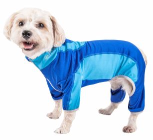 Pet Life Active 'Warm-Pup' Heathered Performance 4-Way Stretch Two-Toned Full Body Warm Up (Color: Blue, size: small)